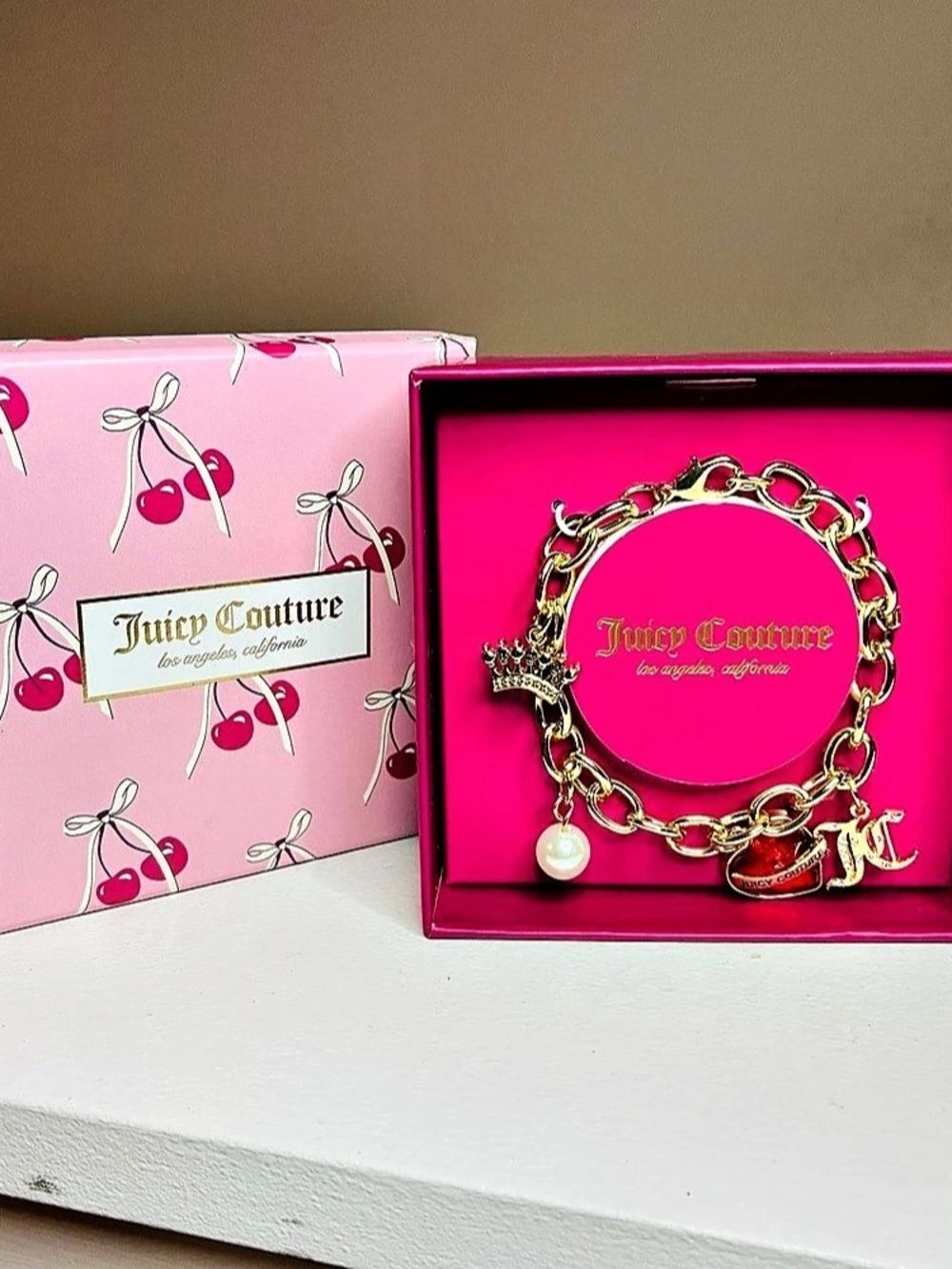 Juicy Couture Crown Heart Charm Chain Bracelet Gold & Pink